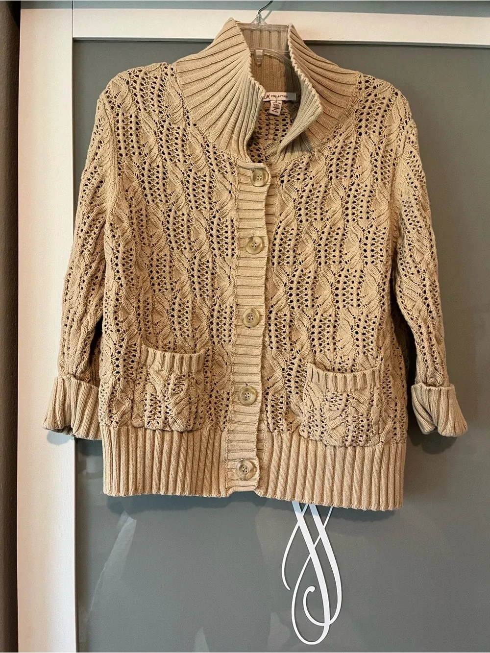 JM Collection Beige Open-Knit Button-Front Cardigan - Picture 3 of 5